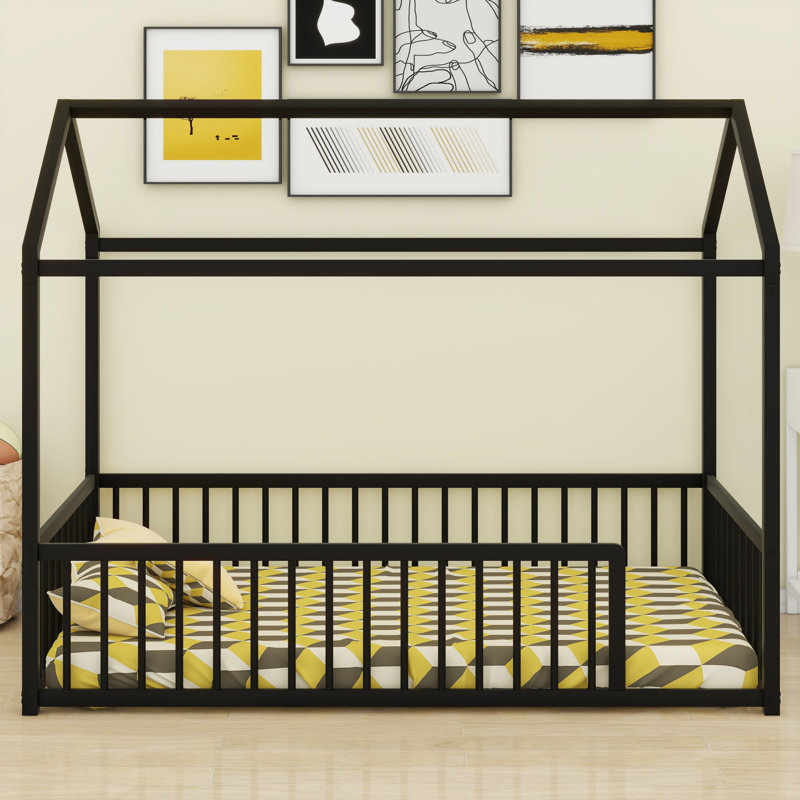 House Shaped Montessori Metal  Floor Bed Frame With Fence, Twin, Black
