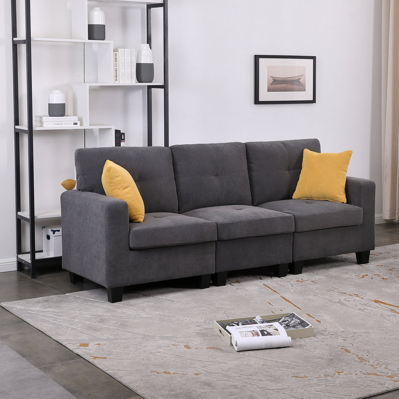 Chesham Breane 85.4'' Square Arm Modular Sofa With Solid Wood legs & 2 Pillows, Dark Gray Polyester Blend