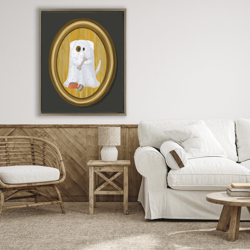 Chien fantôme avec cadre flottant en os, design par Jennifer Stith, H 31 po x l 25 po, Cadre flottant orme Montalcino