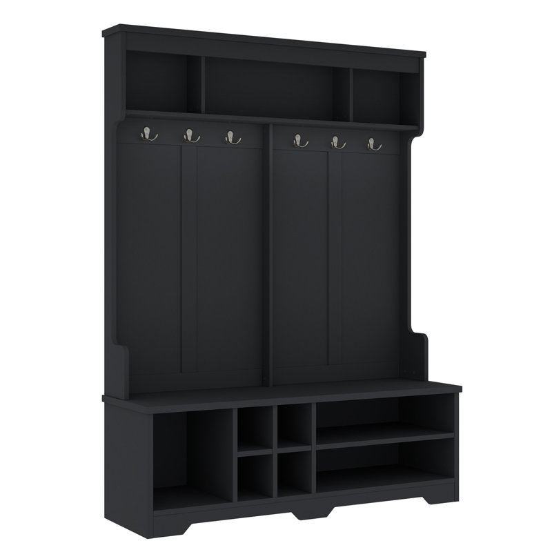 Modern White Hall Tree With 6 Metal Hooks - 3 Top Dividers & Shoe Storage For Entryway, Black