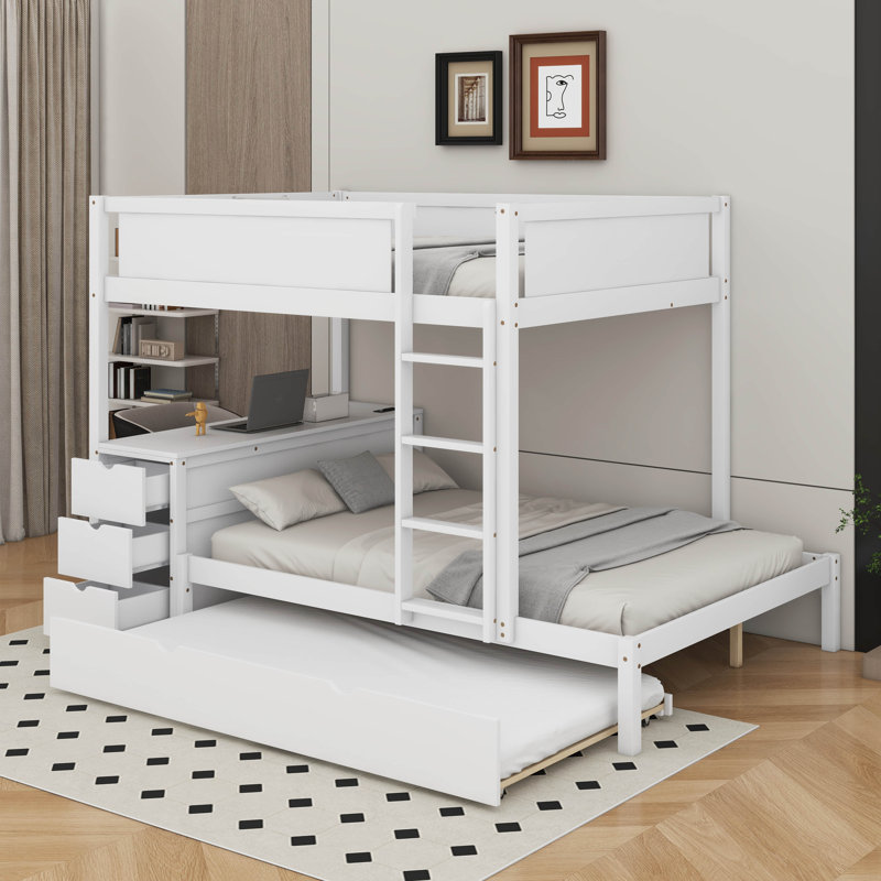 Lit superposé avec lit gigogne et bureau, Lit superposé double sur double, Blanc