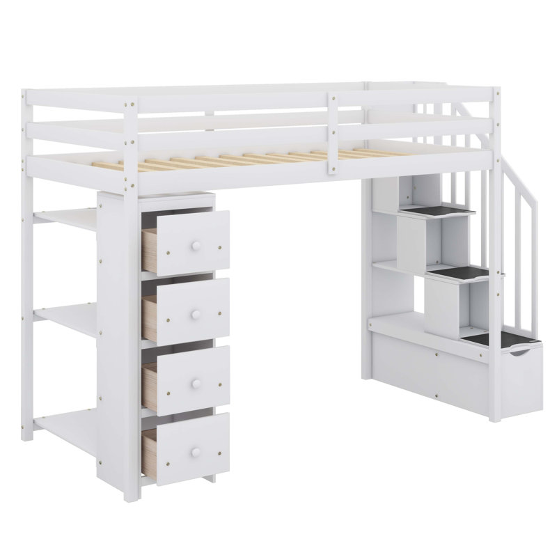 Structure de lit mezzanine simple en bois avec quatre tiroirs et tablettes de rangement, Blanc