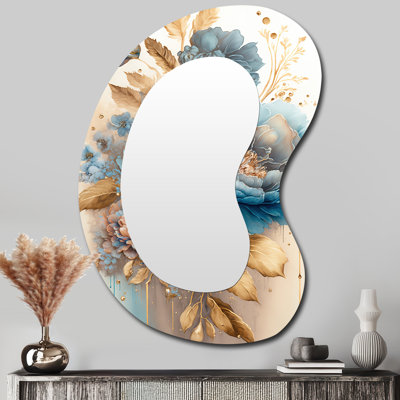 Bouquet de fleurs bleu et doré II - Miroir mural traditionnel à formes asymétriques