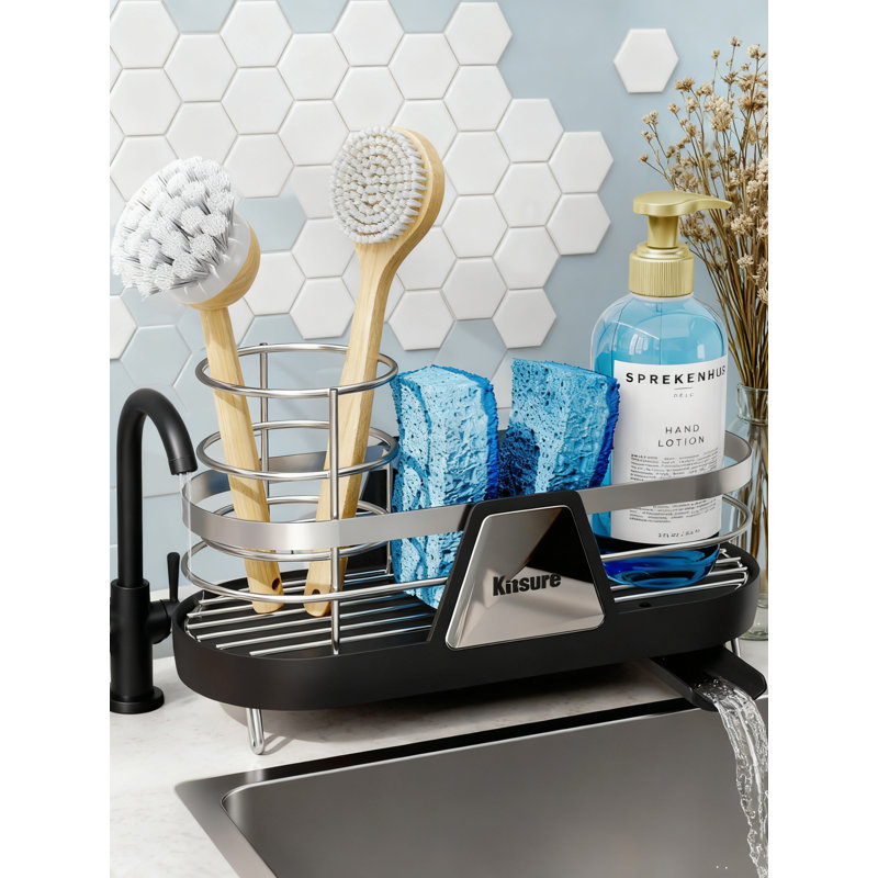 Porte-éponge pour évier de cuisine, porte-éponge en métal antirouille avec bec de drain rotatif et porte-brosse amovible, organisateur d'évier peu encombrant
