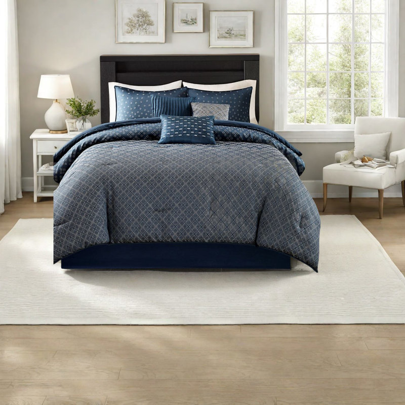 Navy Seven-piece Polyester Modern Bedding Set For Home Comfort