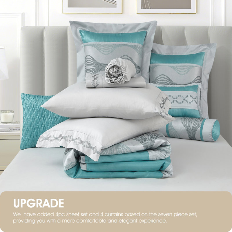 Ensemble d'édredon en jacquard en microfibre 15 pièces Kath, Bleu, Cal. King Comforter + 14 Additional Pieces