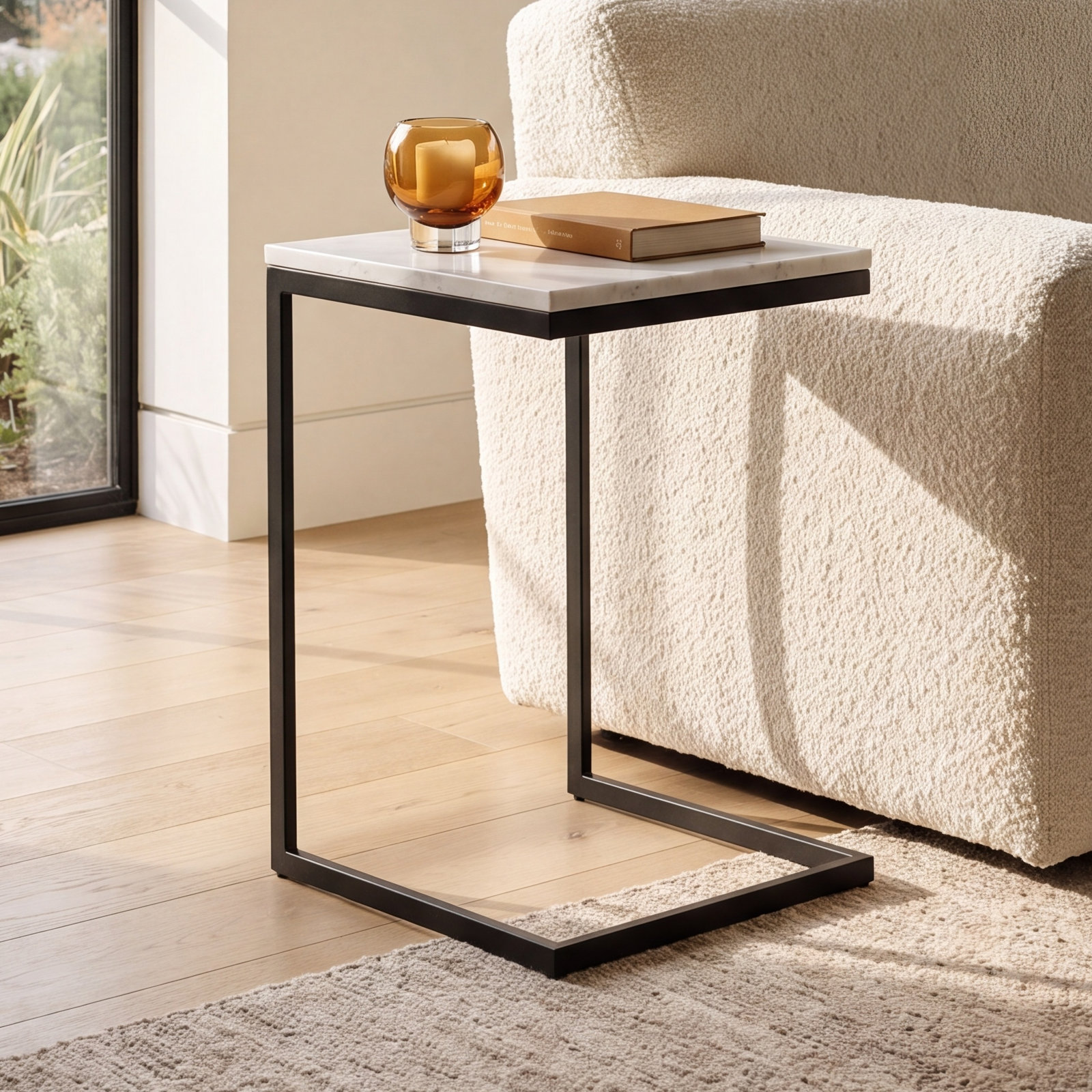 Ollie 16" Genuine Marble End Table, White Top/Black Base