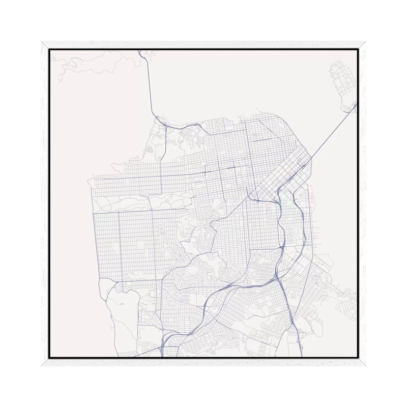San Francisco Urban Roadway Map (Blue) 1 Piece Wall Art on Canvas, 93.98 cm H x 93.98 cm W, White Framed