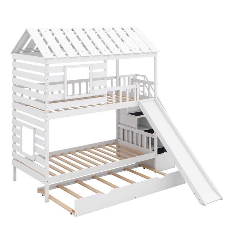 Pocklington Twin over Twin House Bunk Bed with Trundle and Slide, Roof and Window Design, White
