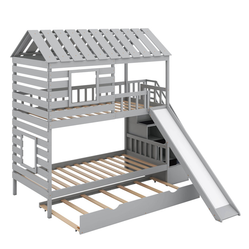 Pocklington Twin over Twin House Bunk Bed with Trundle and Slide, Roof and Window Design, Gray