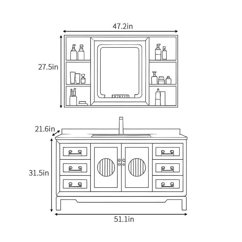 Chinese retro high-end bathroom cabinet, 51.1" W
