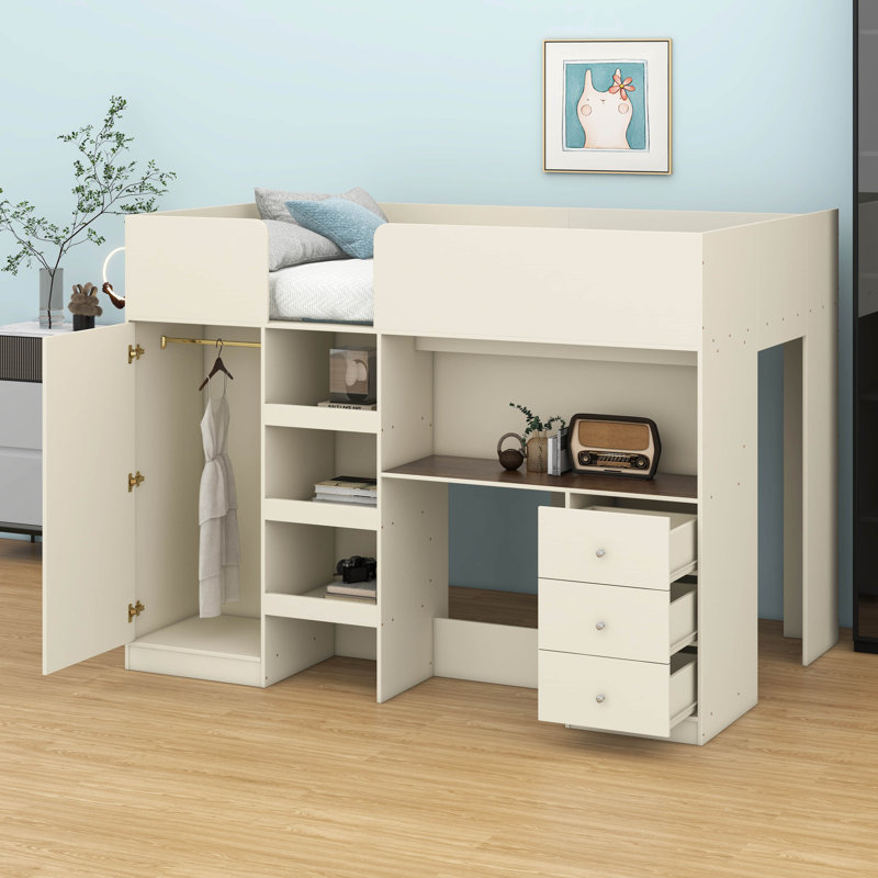 Lit mezzanine double avec tablettes et tiroirs, cadre de lit mezzanine en bois avec bureau et garde-robe intégré, Beige