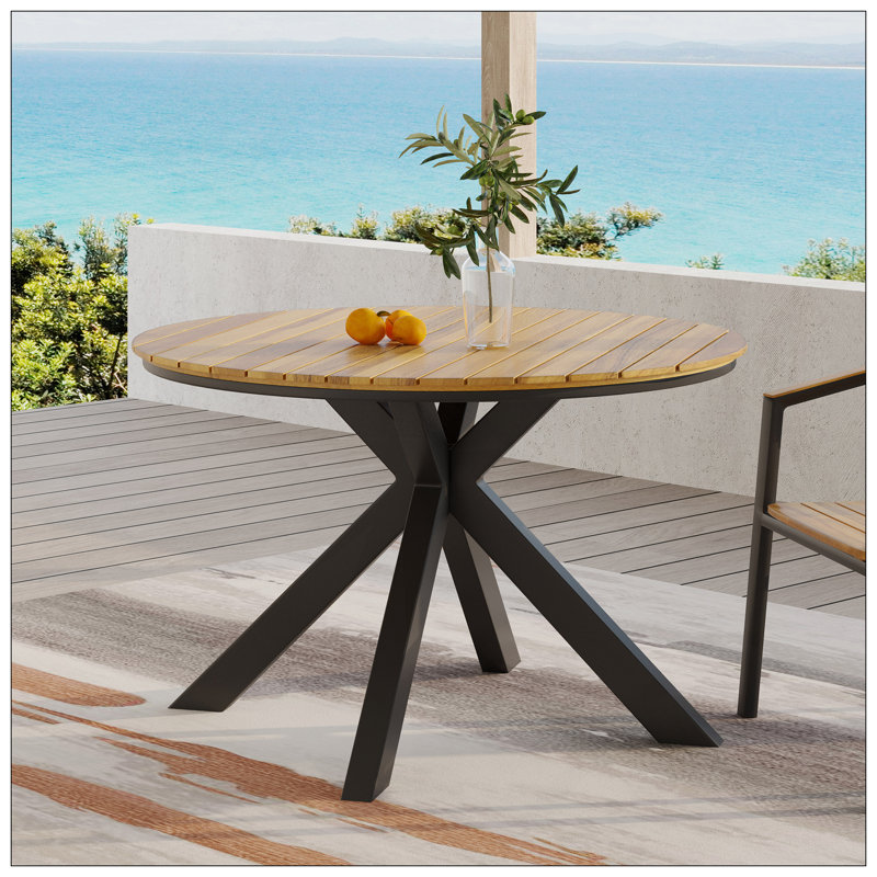 Table de salle à manger d'extérieur, plateau en teck et pieds en métal noir