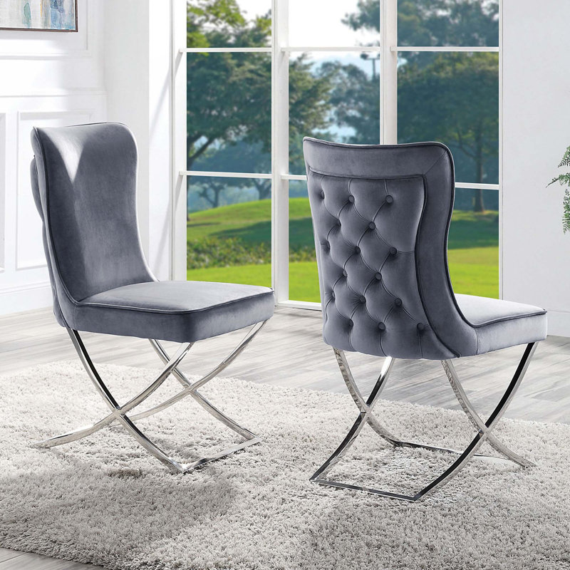 Velours gris 2 pièces chaises capitonnées cadre chromé