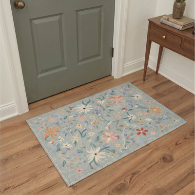 Tapis bleu / vert à motif floral lavable à la machine avec envers antidérapant Abrahamson