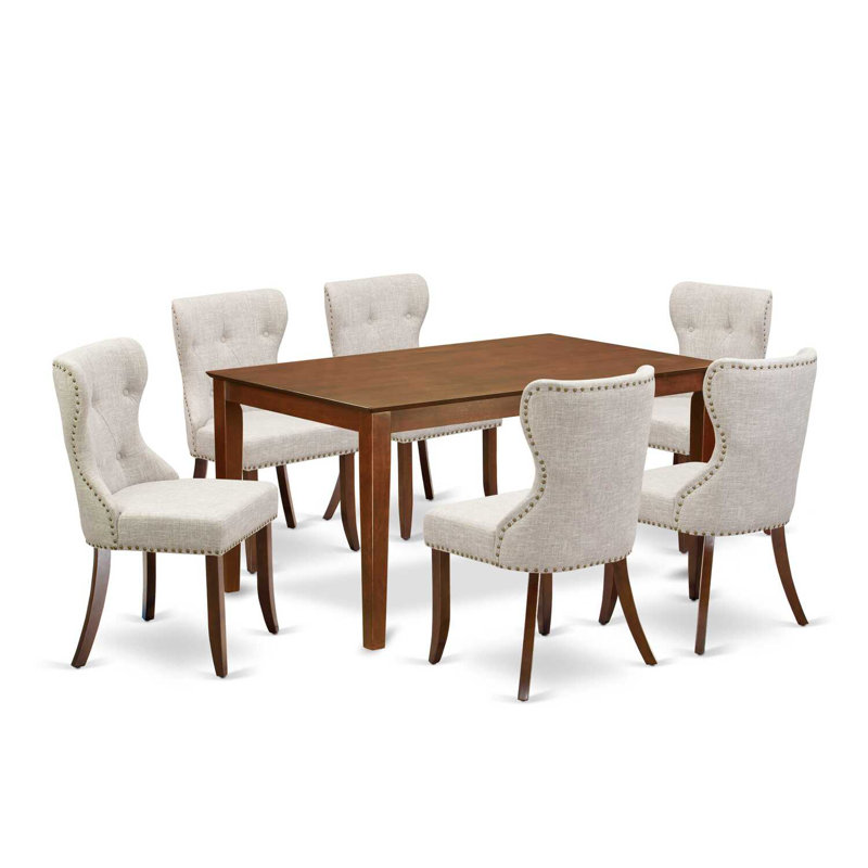 L'ensemble de table de cuisine 5 pièces pour 4 personnes comprend une table de salle à manger rectangulaire et 4 chaises de salle à manger Parson en toile de lin, acajou