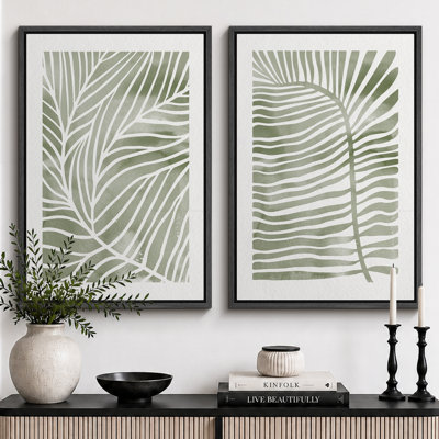 Abstract Botanical "Faded Sage Green Tropical Palm Tree Leaves Artwork, Modern Simple Minimalist Wall Pictures, Framed Canvas Giclee Print 2 Pieces Wall Art Set" 16x24x2 pcs, 24x36x2 pcs
