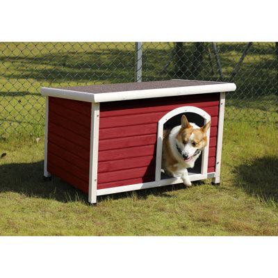 Medium Dog House In Red - 100% Wood Waterproof Roof & Elevated Floor Adjustable Feet Weather-, Door Curtain For Dogs Up To 70 Lbs Weather- Feet, Up