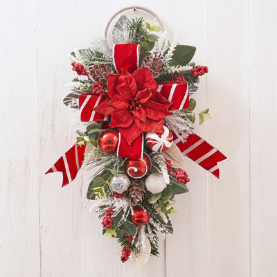 Ornement en forme de goutte de poinsettia givré rouge