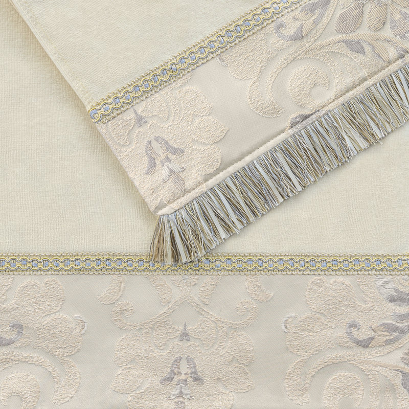3-Piece Beige Velour Cotton Bath Towel Set, Absorbent Decorative Damask Towel Set