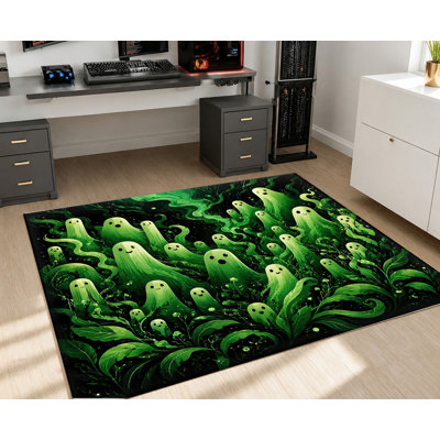 Tapis d'intérieur à motif fantôme mignon pour l'Halloween, motif poltergeist vert effrayant, design artistique, antidérapant, idéal pour le salon, la chambre, l'entrée, la cuisine ou un appartement.