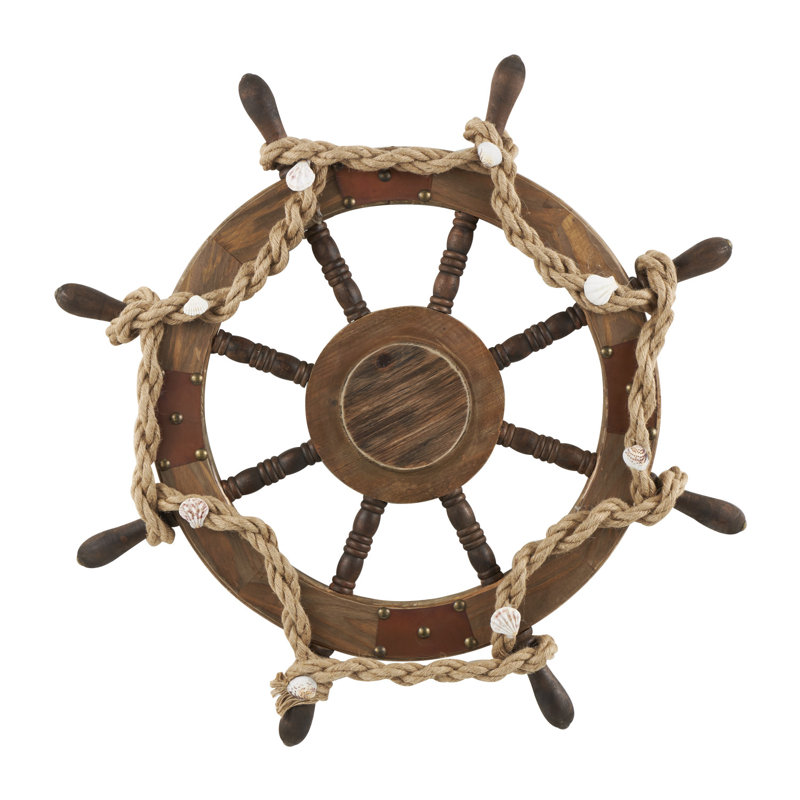 Cole And Grey Wood Handmade Ship Wheel Wall Decor With Rope And Shell Accents