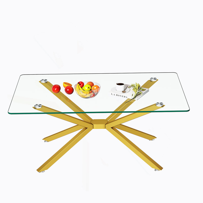 Table basse de 39,37 po rectangulaire en verre trempé transparent, design élégant avec pieds en métal doré, table basse de salon
