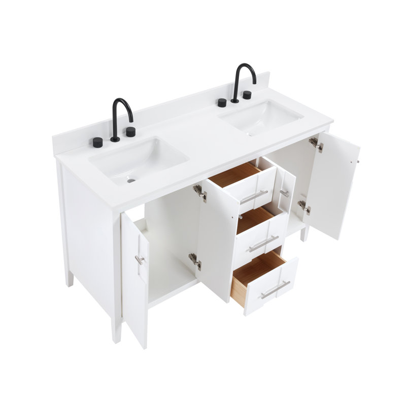 Florence 60x22 Double Sink Bath Vanity in White with Solid White Quartz Top, White