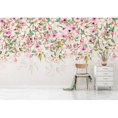 Papier peint floral aquarelle fleurs de cerisier rose vert