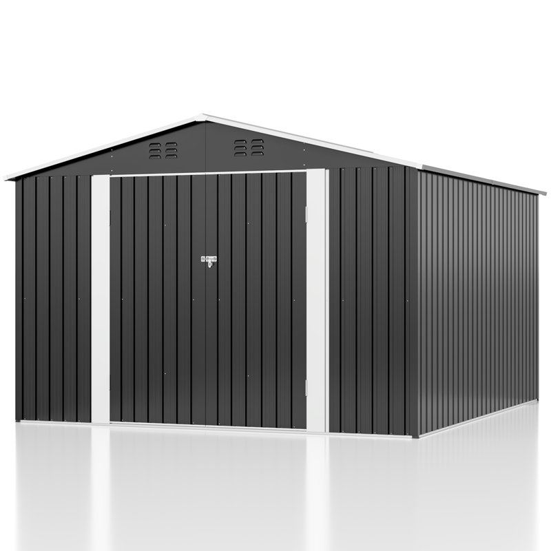 Outdoor Metal Storage Shed with Reinforced Steel Frame and Lockable Doors, 10x10 FT