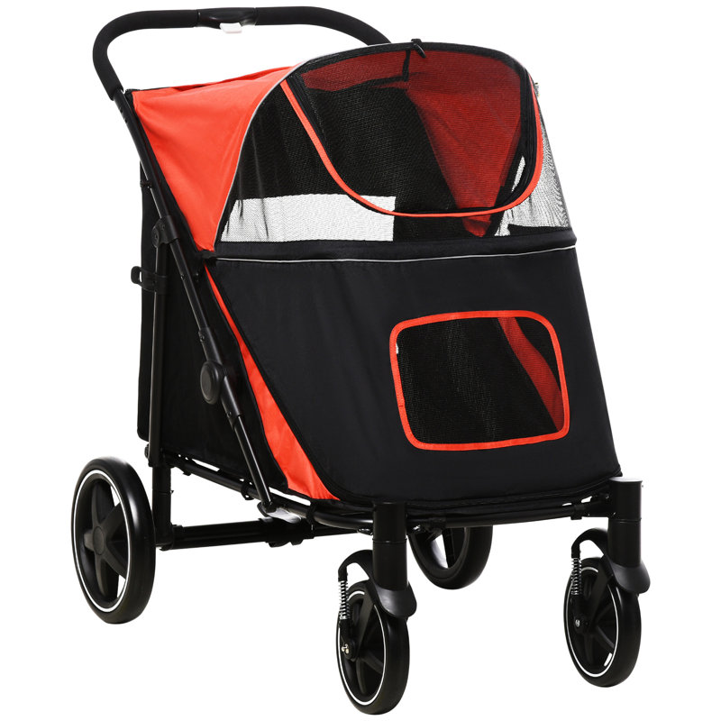 Poussette pour chien de taille moyenne à grande - rouge, pliable en un clic, tour lisse, poches de rangement, marche intérieure rouge ventilée pour les gros chiens, panneaux en filet, laisse,