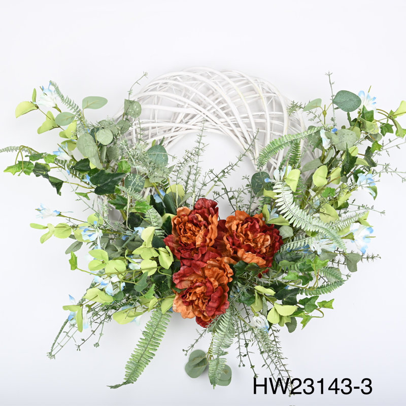 Couronne florale d'eucalyptus 26 po pour porte d'entrée, Orange/vert