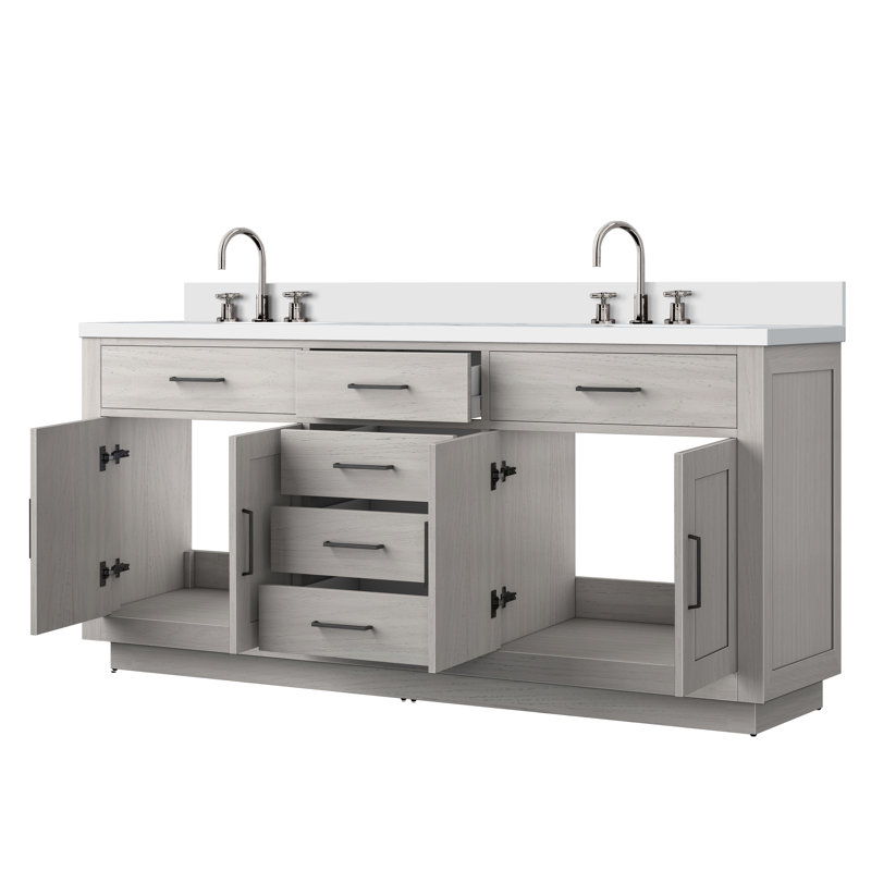 Abbey 72 in W x 22 in D Oak Double Bath Vanity, Chrome Faucet Set, White Oak, White Cultured Marble