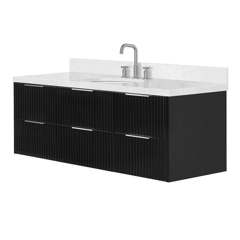 Meuble-lavabo mural simple 60 po avec comptoir à quartz blanc Carrara de 1,5 po Mulloy, Ovale, Noir
