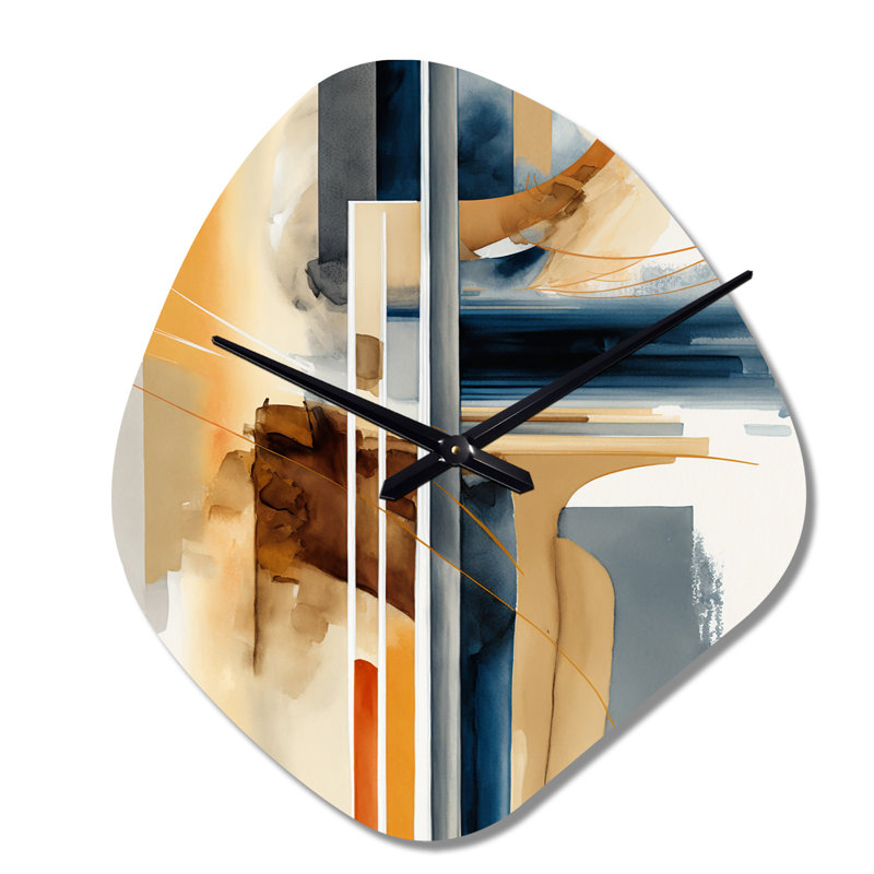 Moderne bleu et or abstrait II - horloge murale asymétrique abstraite en métal, impression d'horloge en métal de forme unique bleue