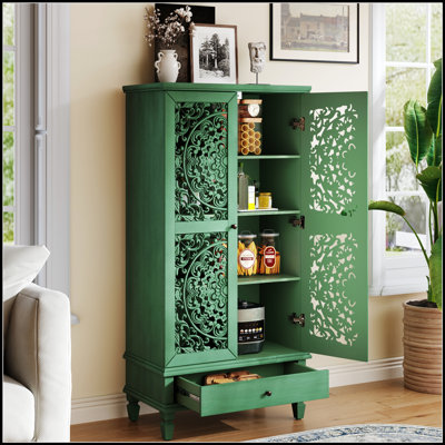 Armoire de rangement rustique de 55 po de hauteur avec tiroir et 2 portes décoratives en bois sculpté pour le salon et la salle à manger