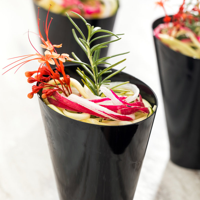 Restaurantware-7 Ounce Plastic Glasses, 100 Round Incline Shooter Cups- Disposable, Sturdy, Black Plastic Round Bowls, Unique Design, For Soups, Appetizers, Or Desserts