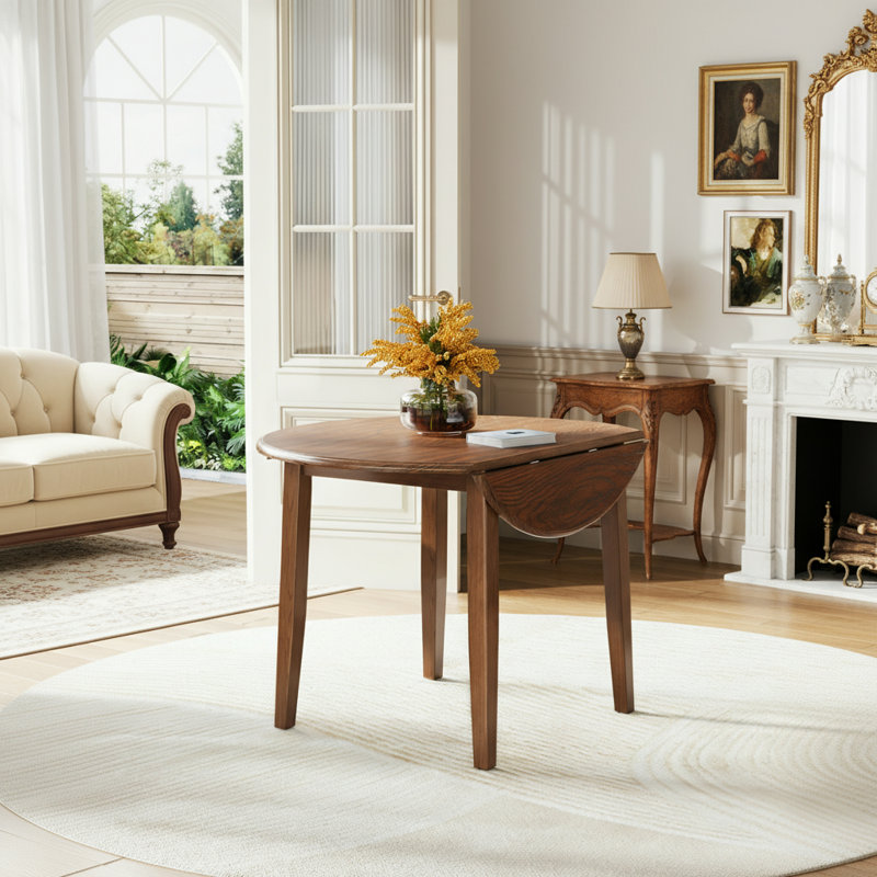 Round Dining Table With 2 Drop Leaf, Brown