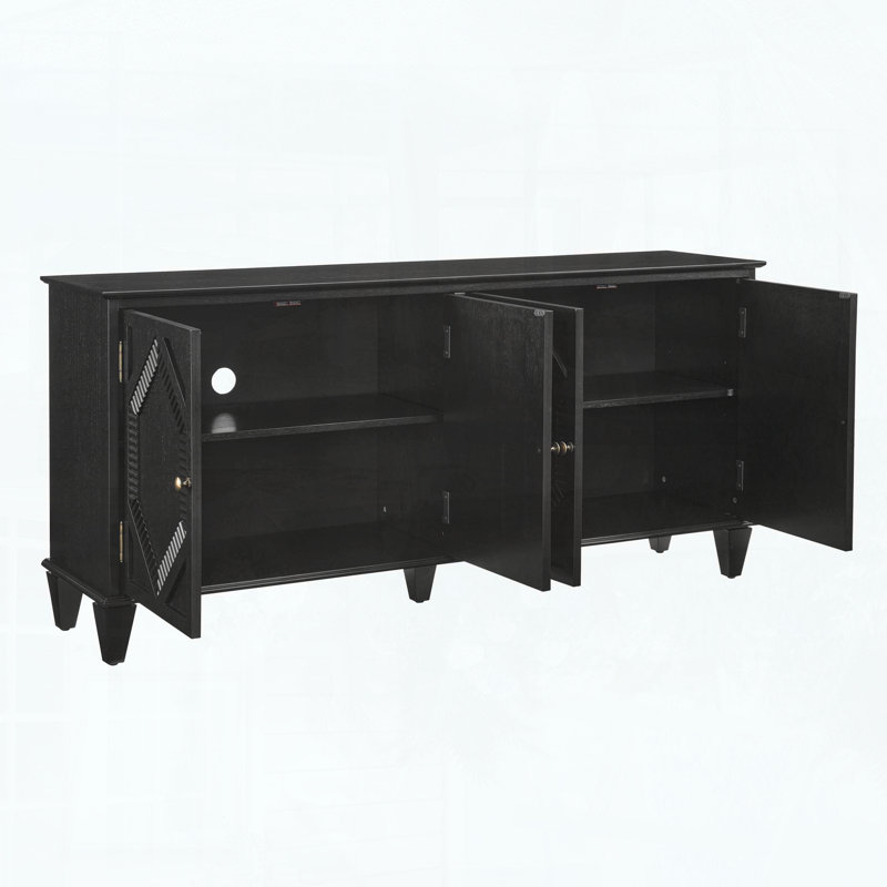 Mid Century Modern Sideboard with Symmetrical Geometric Accent, Adjustable Shelf, Black, Black