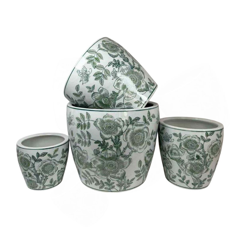 Ensemble de 4 pots à fleurs Kerry, motif floral vert, céramique blanche