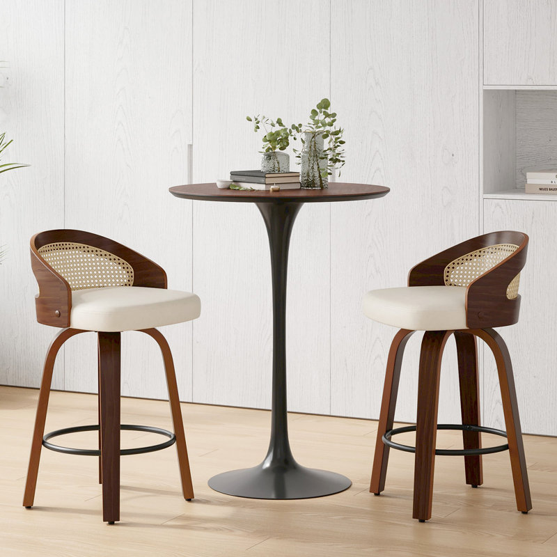 Swivel Faux Leather Cushion Rattan Back Counter & Bar Stools, Counter Stool (26" Seat Height), Beige