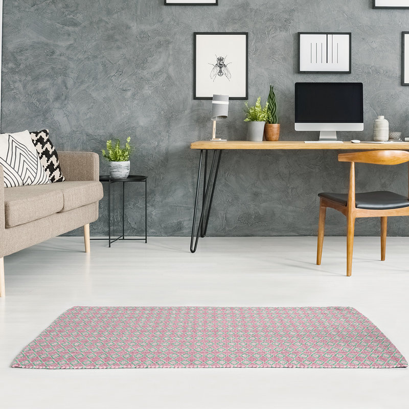 Tapis rose/bisque/bleu à carreaux géométriques, Rectangle 5 pi x 7 pi