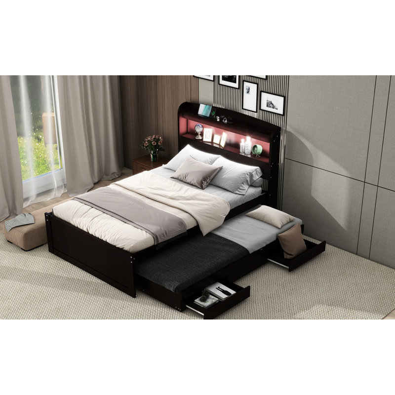 Lit simple TG avec rangement, tête de lit à DEL et de charge, lit gigogne, 2 tiroirs, plateforme en bois de pin massif brun foncé