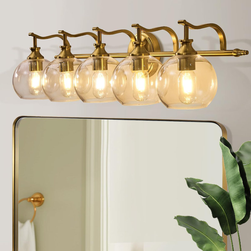 Modern Globe Clear Glass Bathroom Vanity Light Fixture with Metal Gooseneck Frame, 5, Brushed Gold