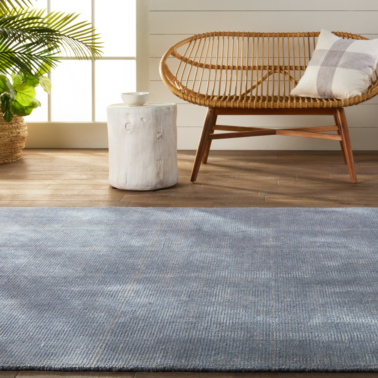 Caron Light Blue Cream Hand-Woven Striped Rug, Rectangle 4' x 6'