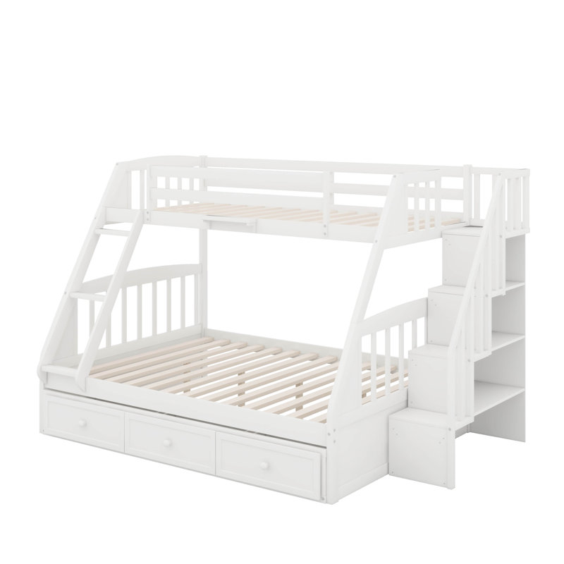 Lit simple superposé au dessus d'un lit double avec tiroirs et escalier de rangement, Blanc