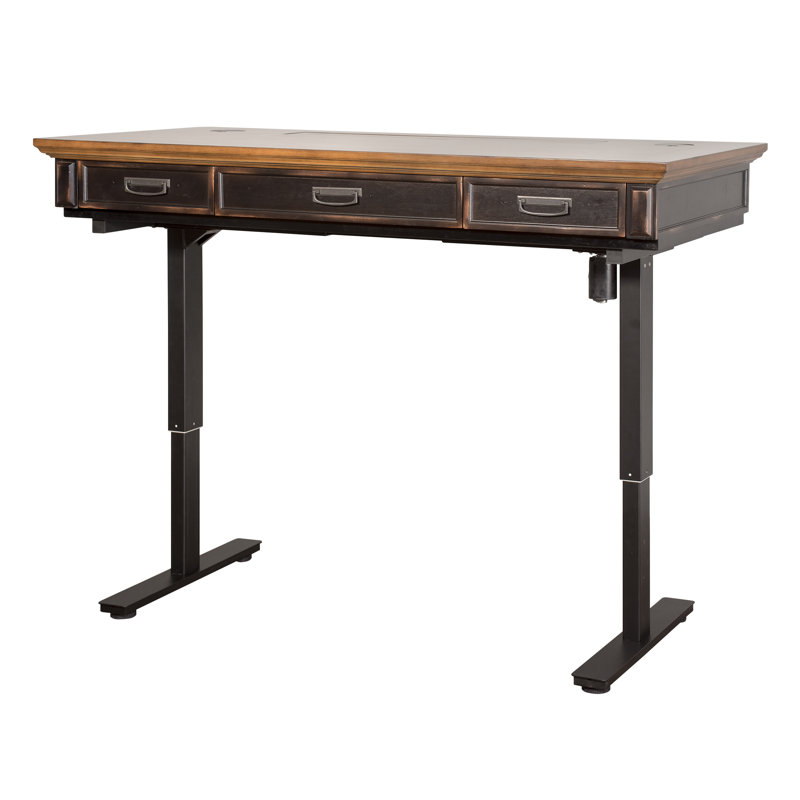 Adjustable Metal Base Standing Desk with Power Outlet, Brown