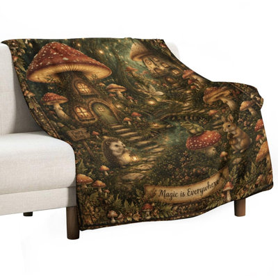 Fairy Mushroom Houses Forest Path Animals Magic Lights Luxury Flannel Throw Blanket, Soft Warm Fuzzy Blanket for Living Room Sofa Bed Home Decor