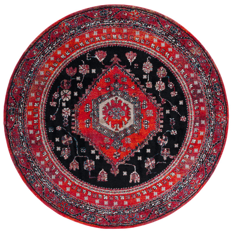 Chavis Oriental Red/Black Area Rug, Round 6'7"