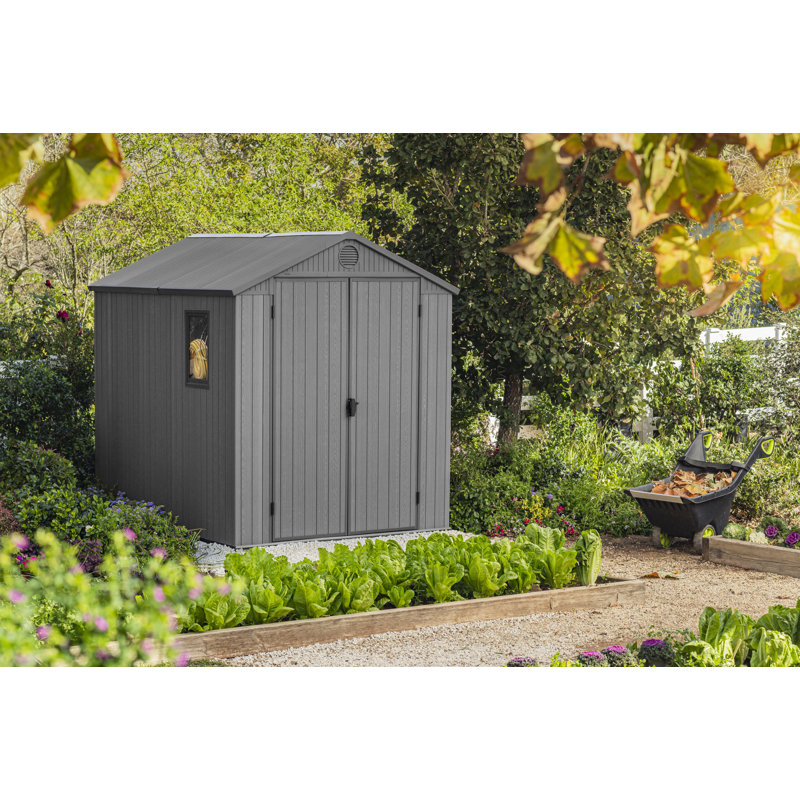 Keter Darwin  6x 8 ft. Durable Resin Outdoor Storage Shed With Floor and Double Doors for Garden Patio Furniture and Tools, Graphite